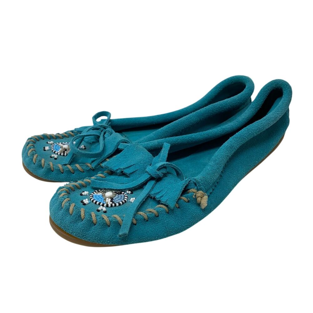 Minnetonka Shoes Womens 9 Turquoise Hand Beaded Fringe Kiltie Moc Toe Slip-On - Picture 2 of 7